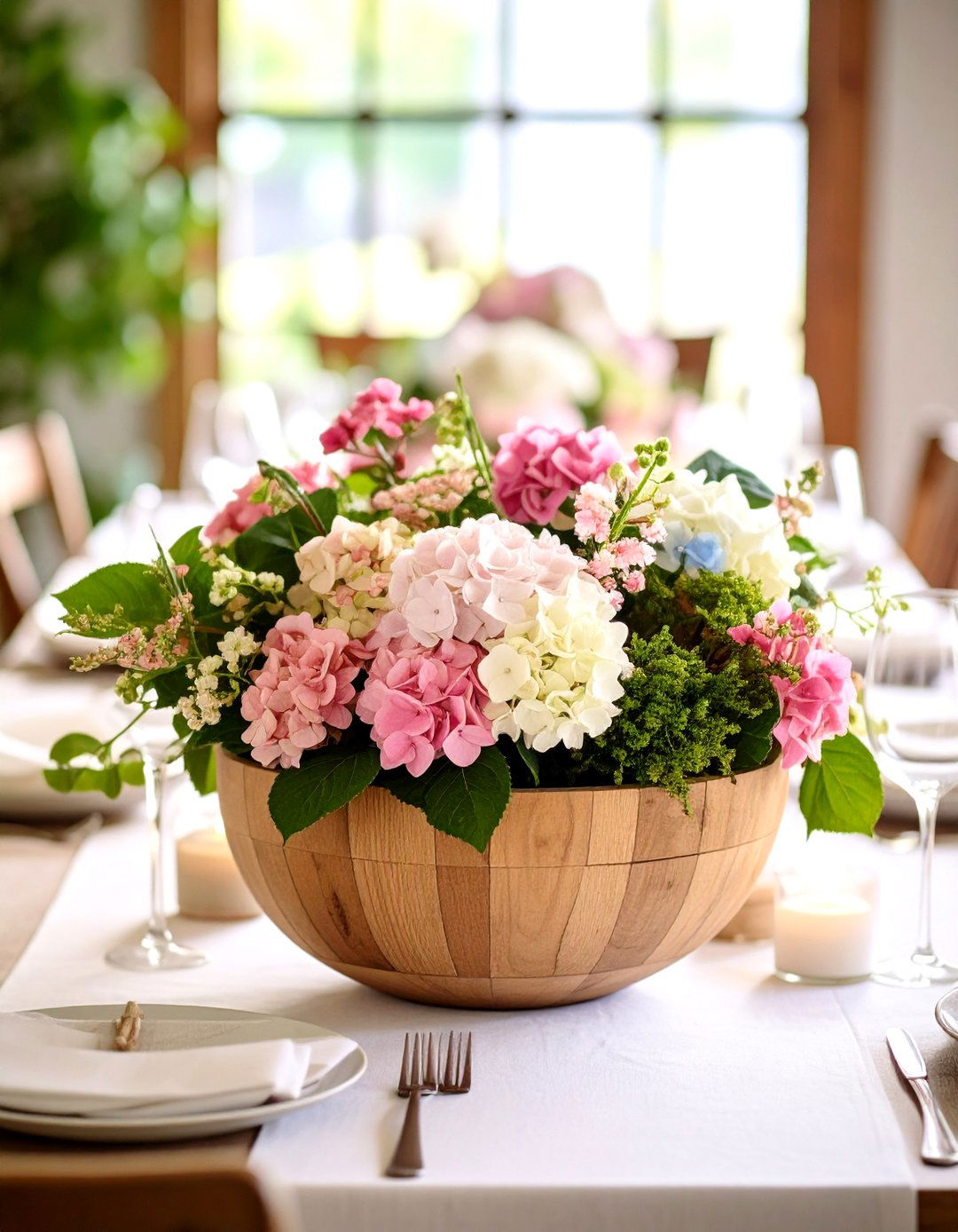 Dough Bowl Hydrangea Country Centerpieces - 24 Hydrangea Centerpiece Ideas