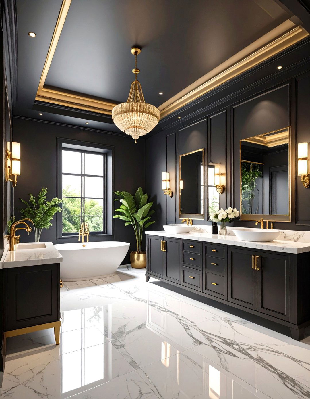 Dramatic Black Ceiling Treatment - 24 black and gold powder room ideas