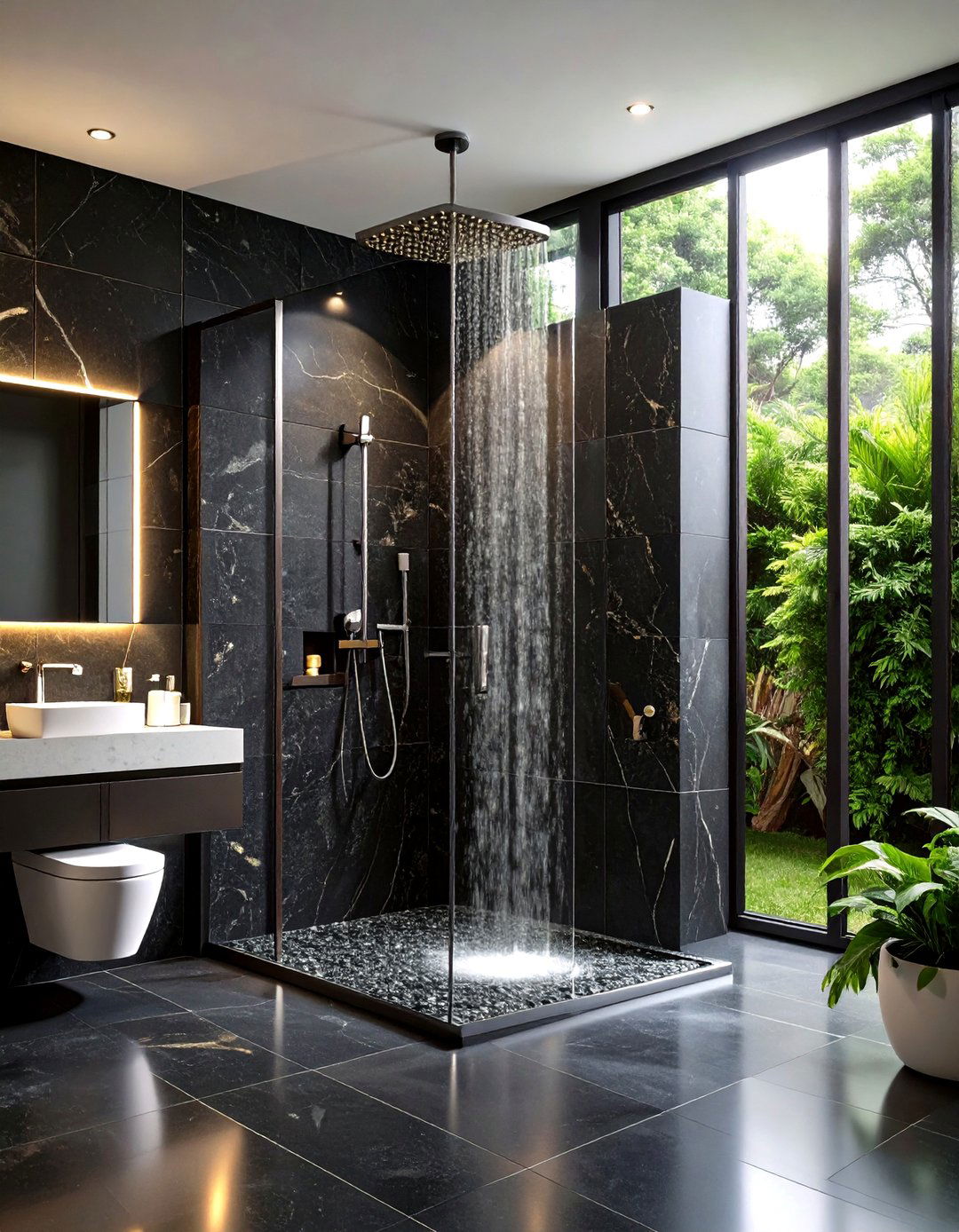 Dramatic Black Granite Statement - 24 Stone Shower Design Ideas