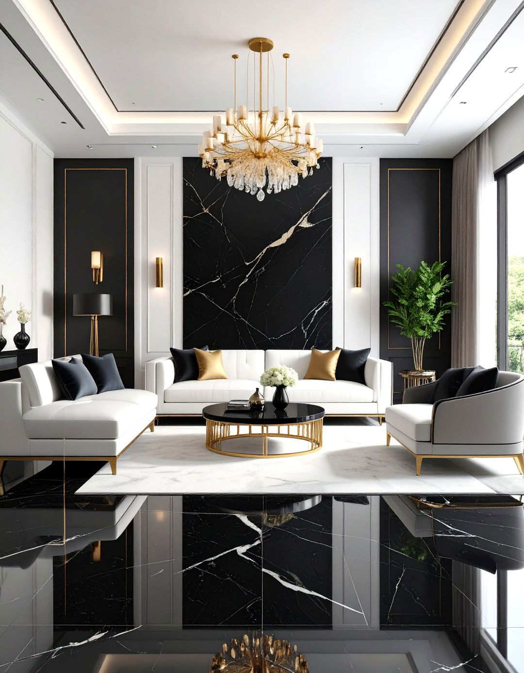 Dramatic Black Marble Statement Floors - 24 Marble Floor Living Room Ideas