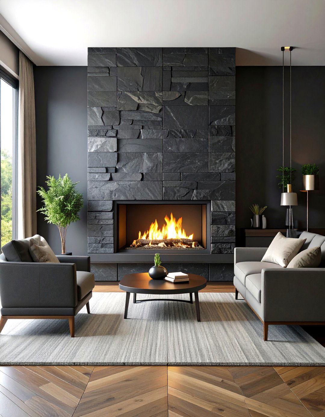Dramatic Black Slate Accent Wall - 24 Floor to Ceiling Stone Fireplace Ideas