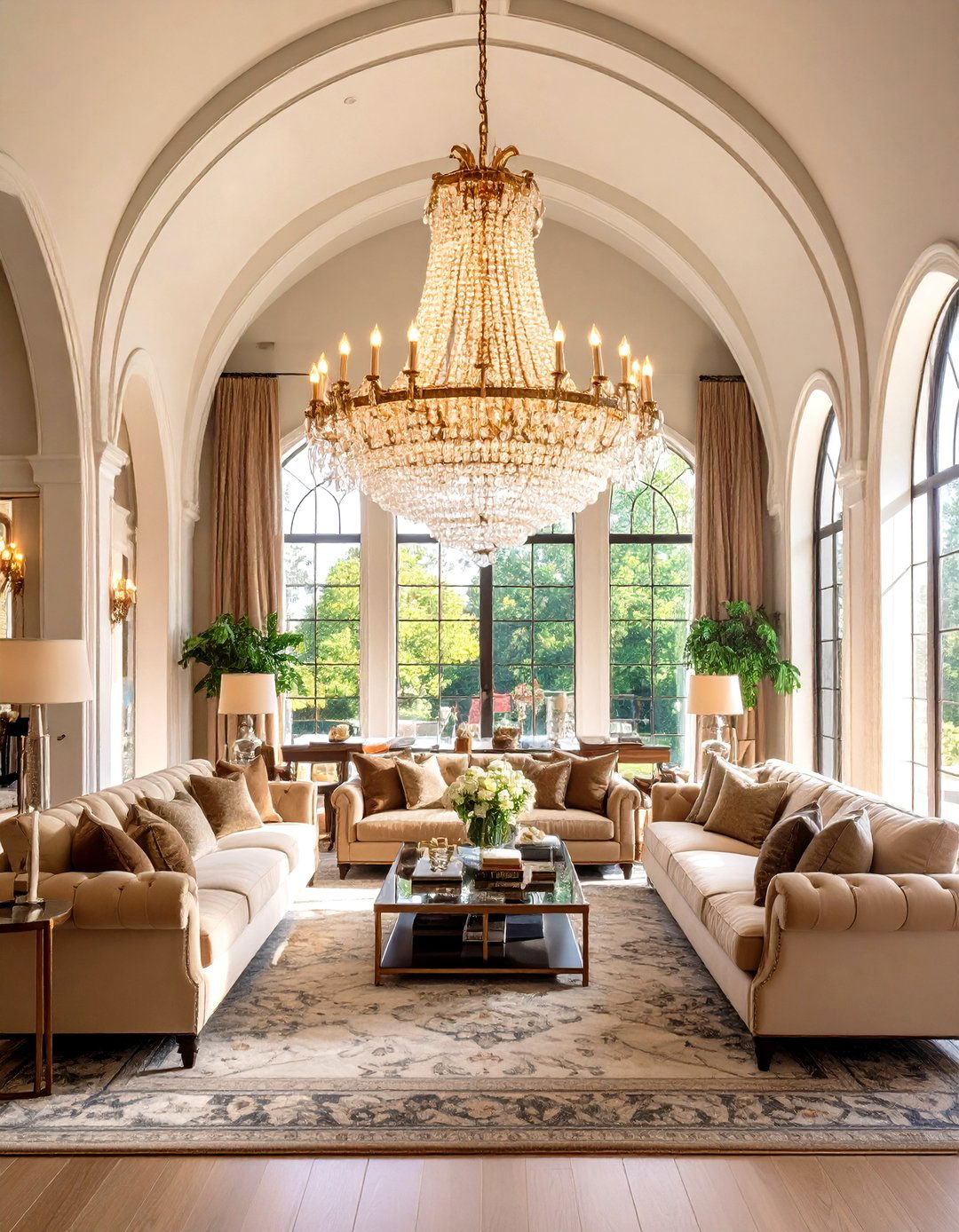 Dramatic Chandelier Focal Points - 24 Living Room Vaulted Ceiling Ideas