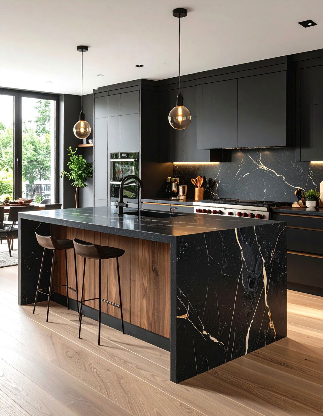 Dramatic Dark Soapstone Waterfall Island - 24 Waterfall Kitchen Island Ideas