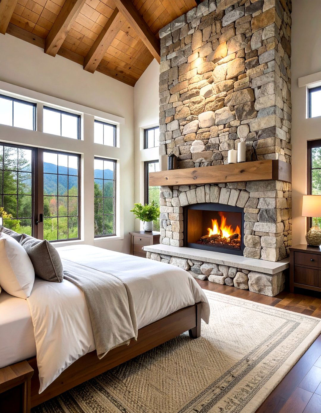 Dramatic Floor to Ceiling Stone Fireplace - 24 Bedroom Fireplace Ideas