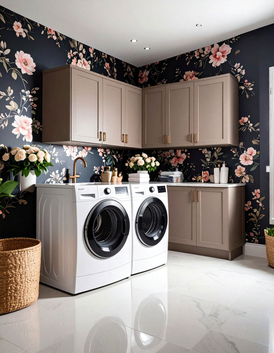 Dramatic Floral Wallpaper Accents - 24 dark & moody laundry room ideas