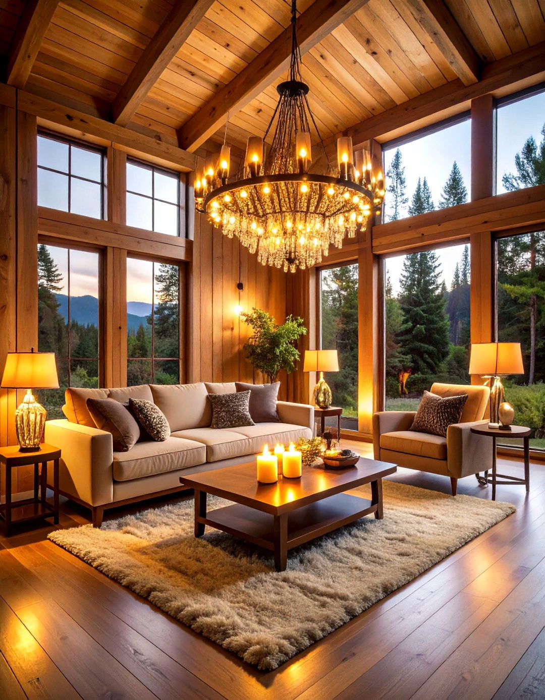 Dramatic Lighting Feature Design - 24 Cabin Living Room Ideas