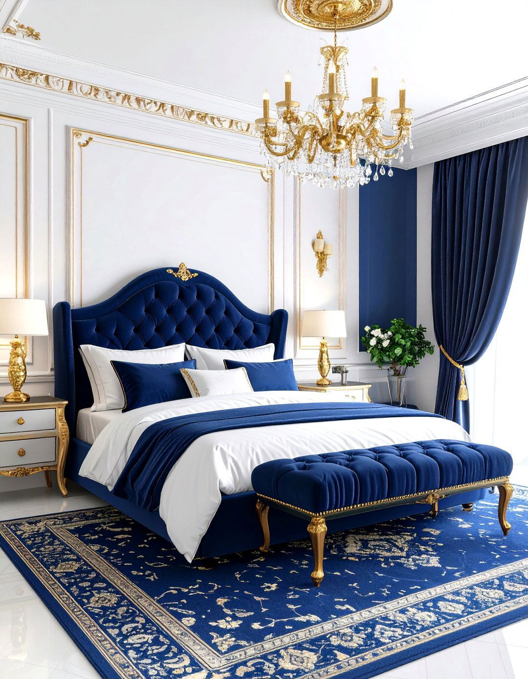 Dramatic Parisian Bedroom with Deep Navy and Gold Accents - 24 Parisian Themed Bedroom Ideas