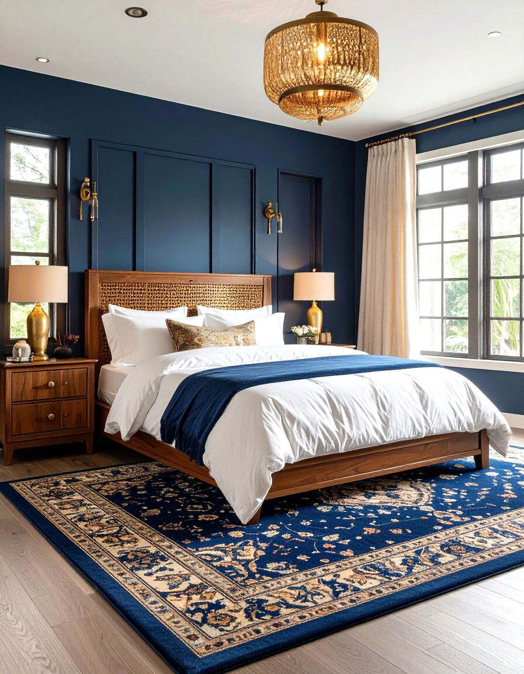 Dramatic Teak and Navy Bedroom - 24 Dark Wood Bedroom Ideas