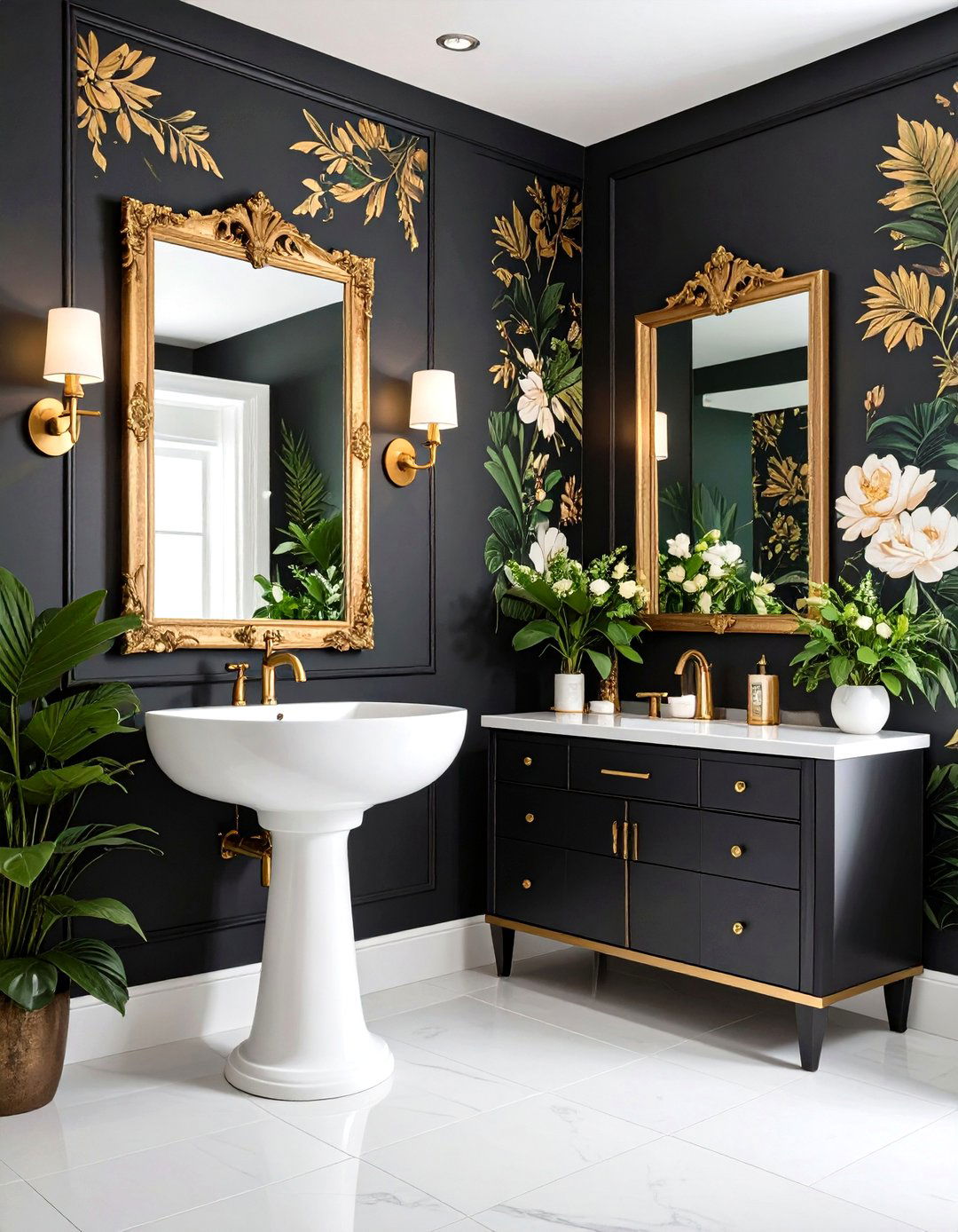 Dramatic Wallpaper Feature Wall - 24 black and gold powder room ideas