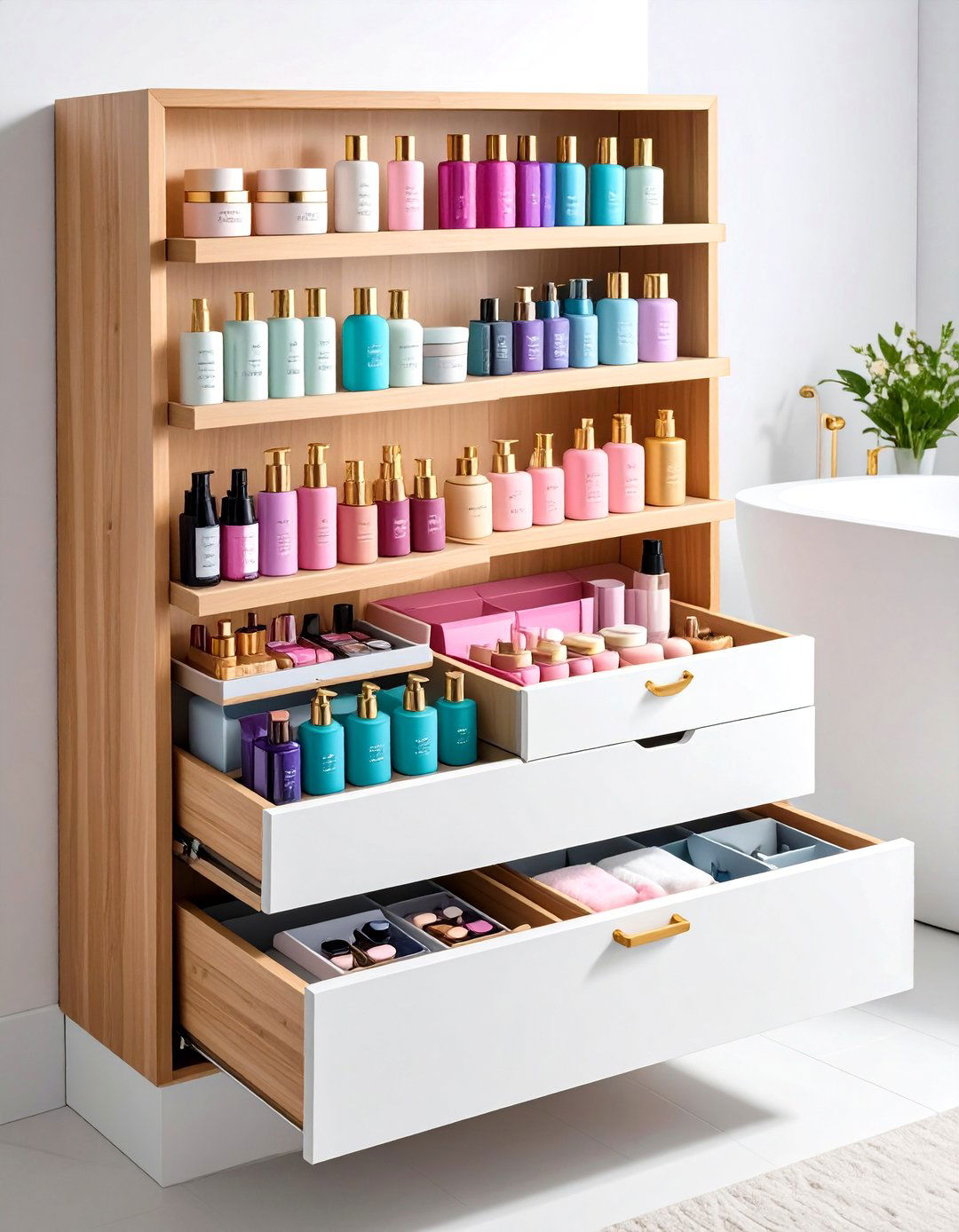 Drawer Depth Maximization with Tiered Waterfall Display - 24 Bathroom Drawer Organization Ideas