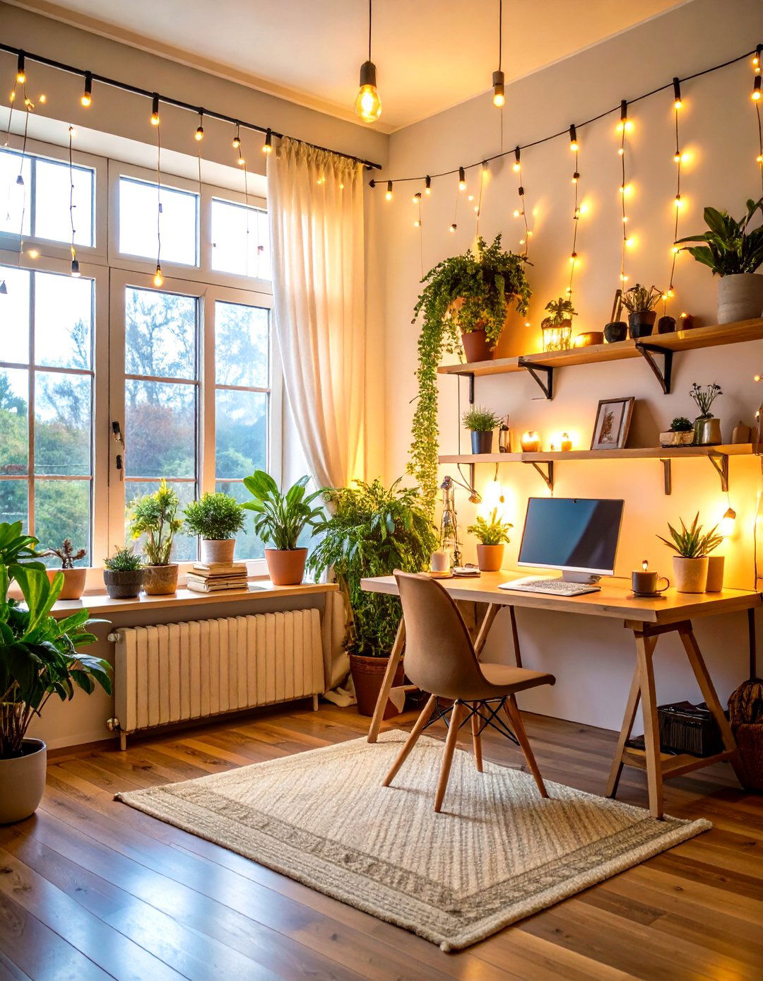 Dreamy String Light Ambiance - 24 Bohemian Home Office Ideas