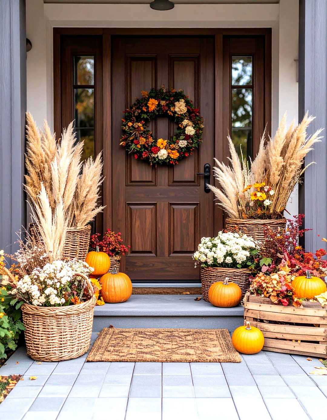 Dried Flower and Pampas Grass Arrangement - 24 Front Door Fall Decor Ideas