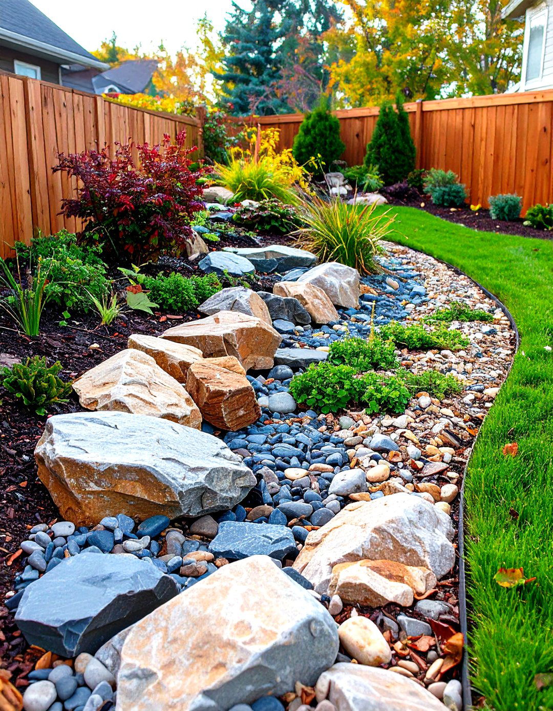 Dry Creek Bed Drainage Solutions - 24 Front Yard Landscaping Ideas With Rocks and Mulch