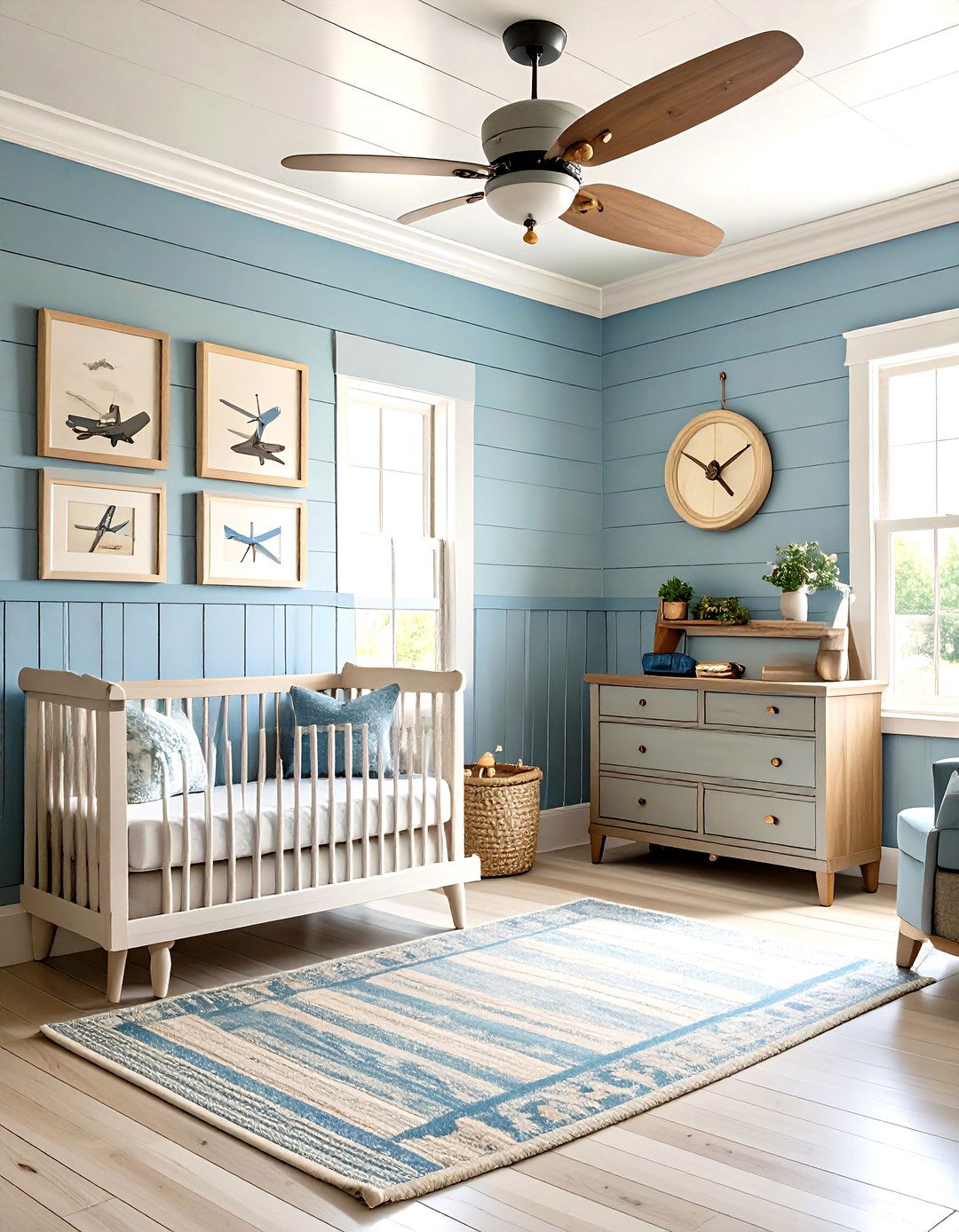Dusty Blue Shiplap with Vintage Airplane Theme - 24 Wainscoting Nursery Ideas