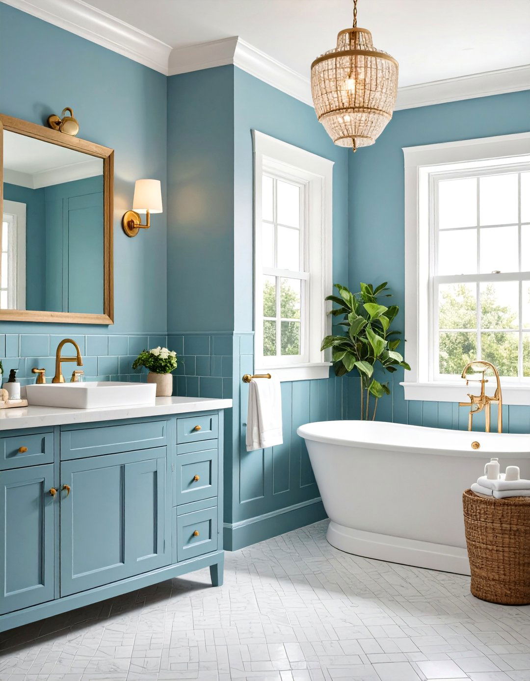 Dusty Blue Subway Tile Half Wall - 24 Blue Tile Bathroom Ideas