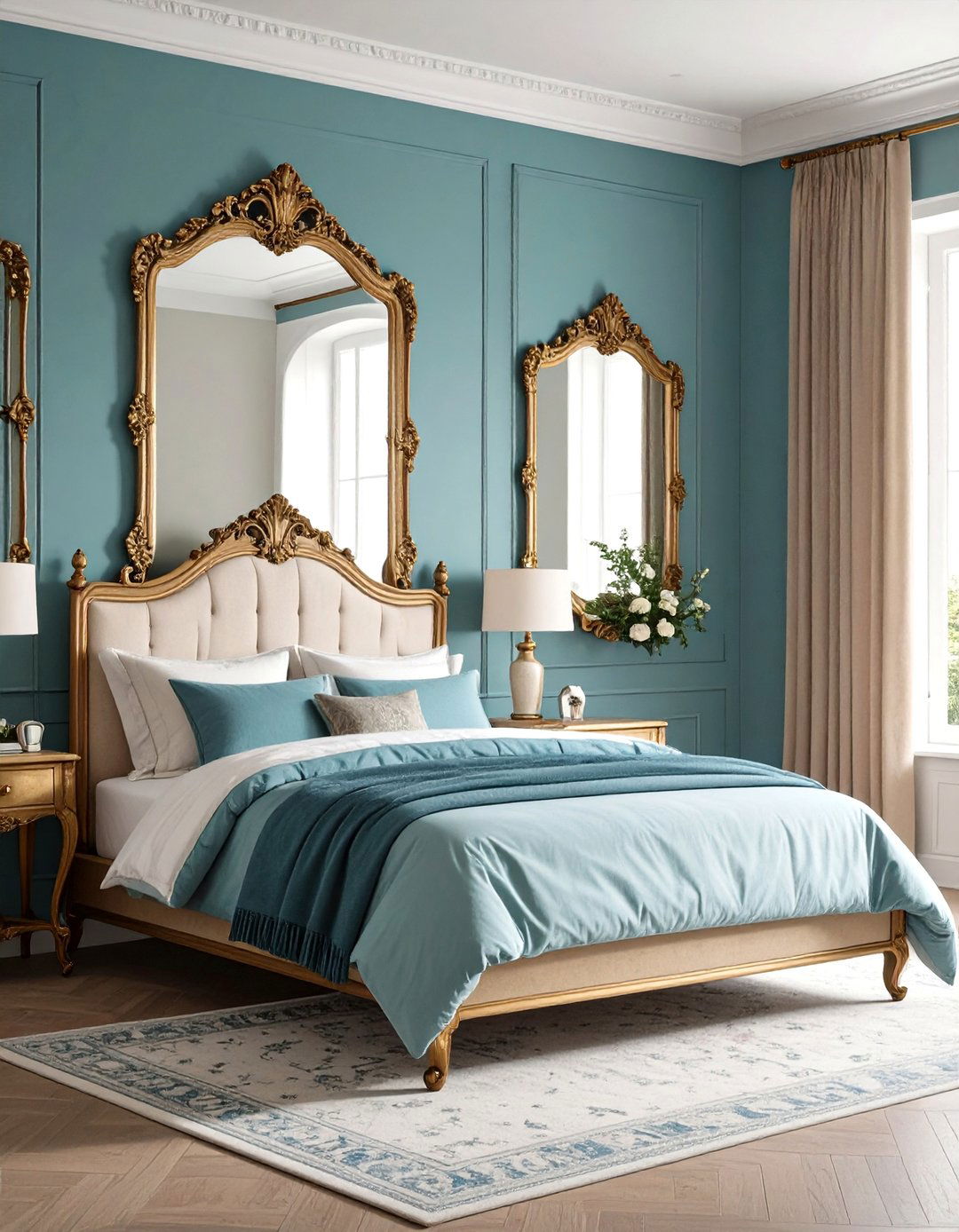 Dusty Blue Walls with Antique Gold Mirrors - 24 Blue and Gold Bedroom Ideas
