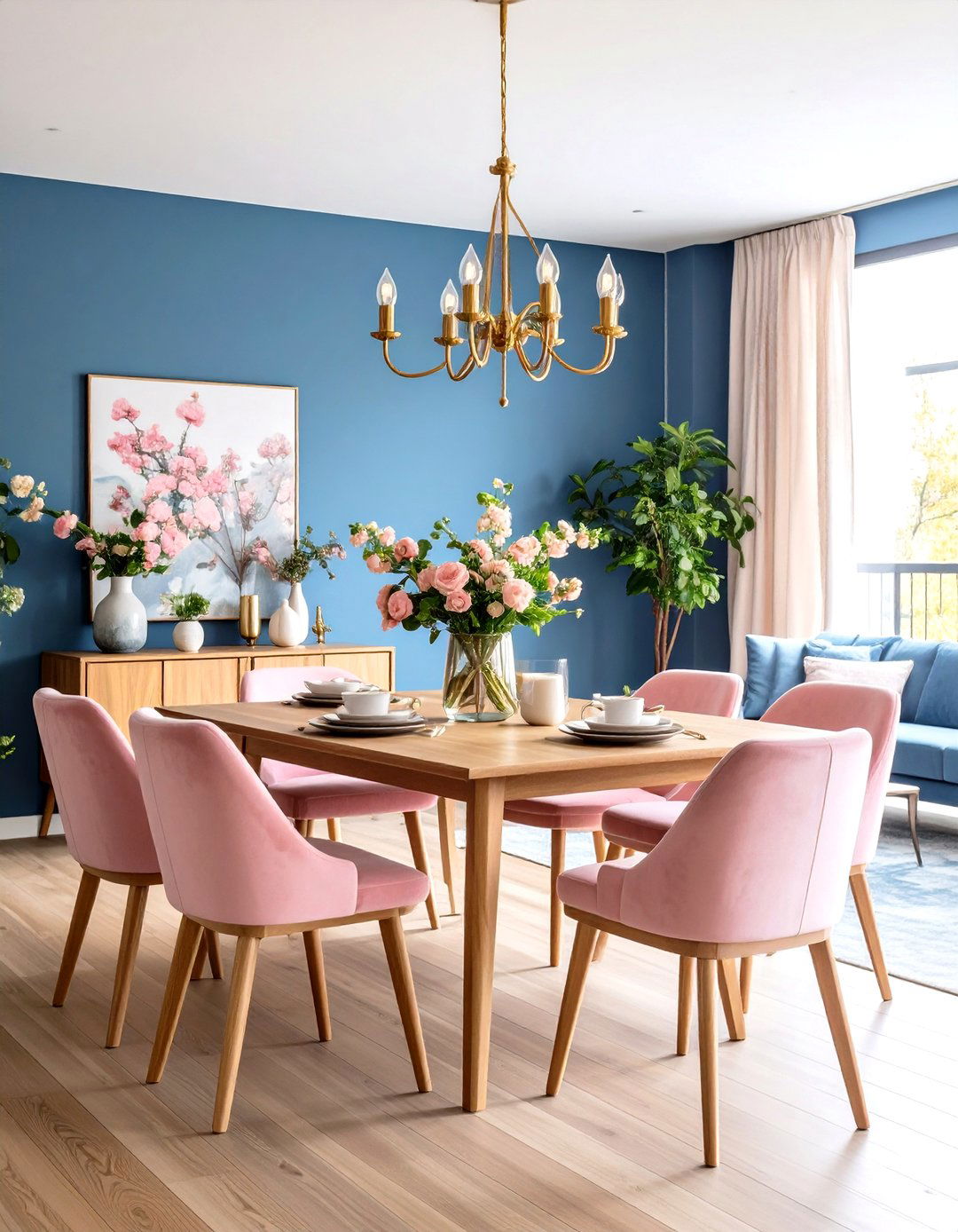 Dusty Blue Walls with Rose Pink Velvet Dining Chairs - 24 Pink and Blue Living Room Ideas
