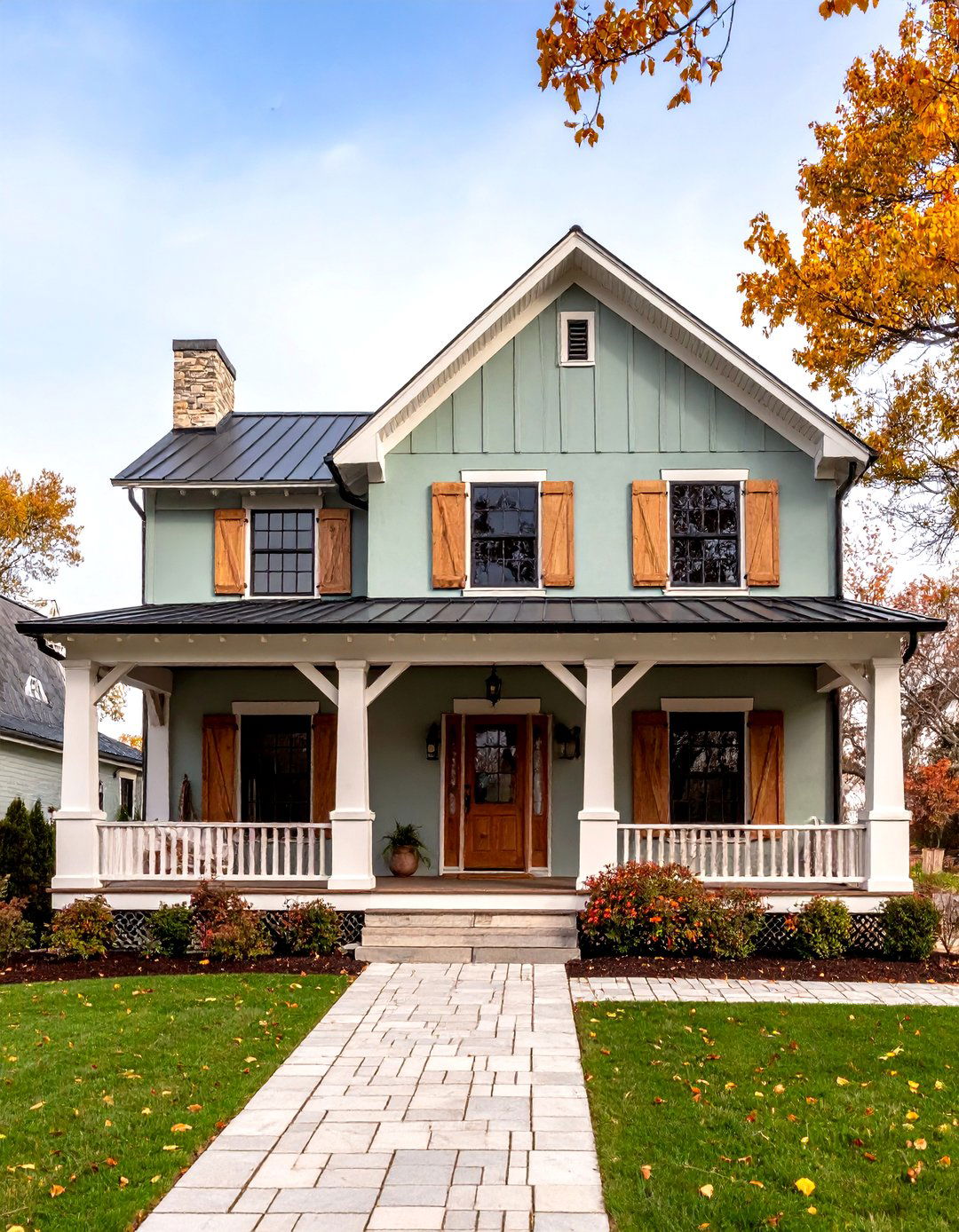 Dusty Green Stucco with Reclaimed Wood Details - 24 Farmhouse Green Exterior Home Ideas