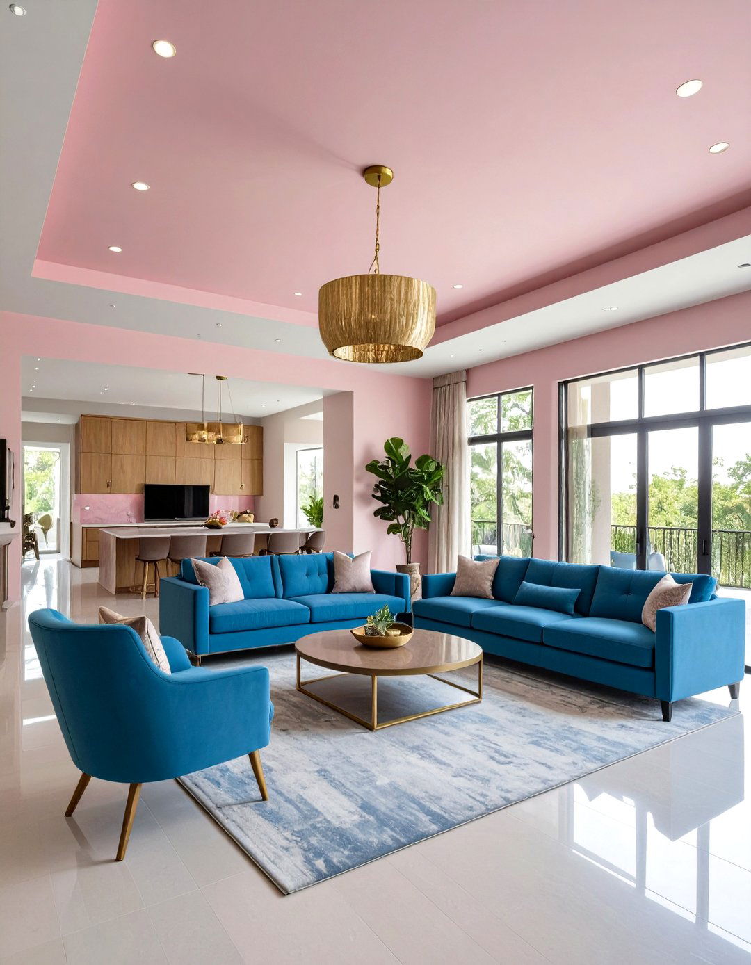 Dusty Pink Ceiling Treatment with Steel Blue Accent Furniture - 24 Pink and Blue Living Room Ideas