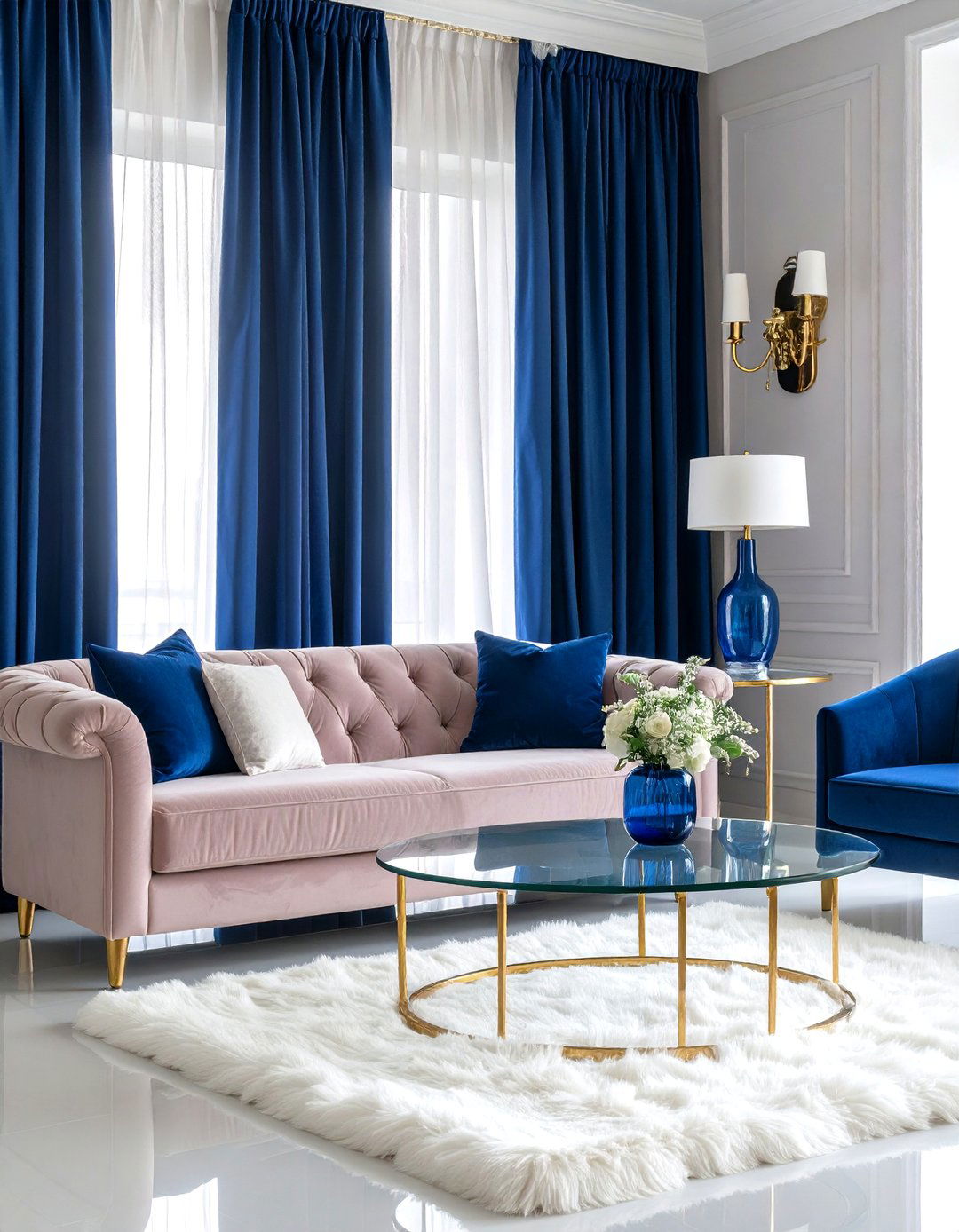 Dusty Pink Velvet Sofa with Sapphire Blue Curtains and Accents - 24 Pink and Blue Living Room Ideas