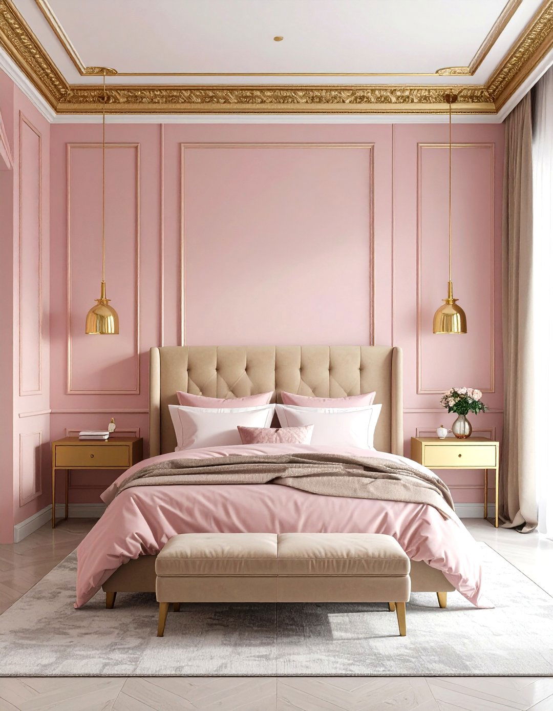 Dusty Pink Walls with Gold Crown Molding - 24 Pink and Gold Bedroom Ideas