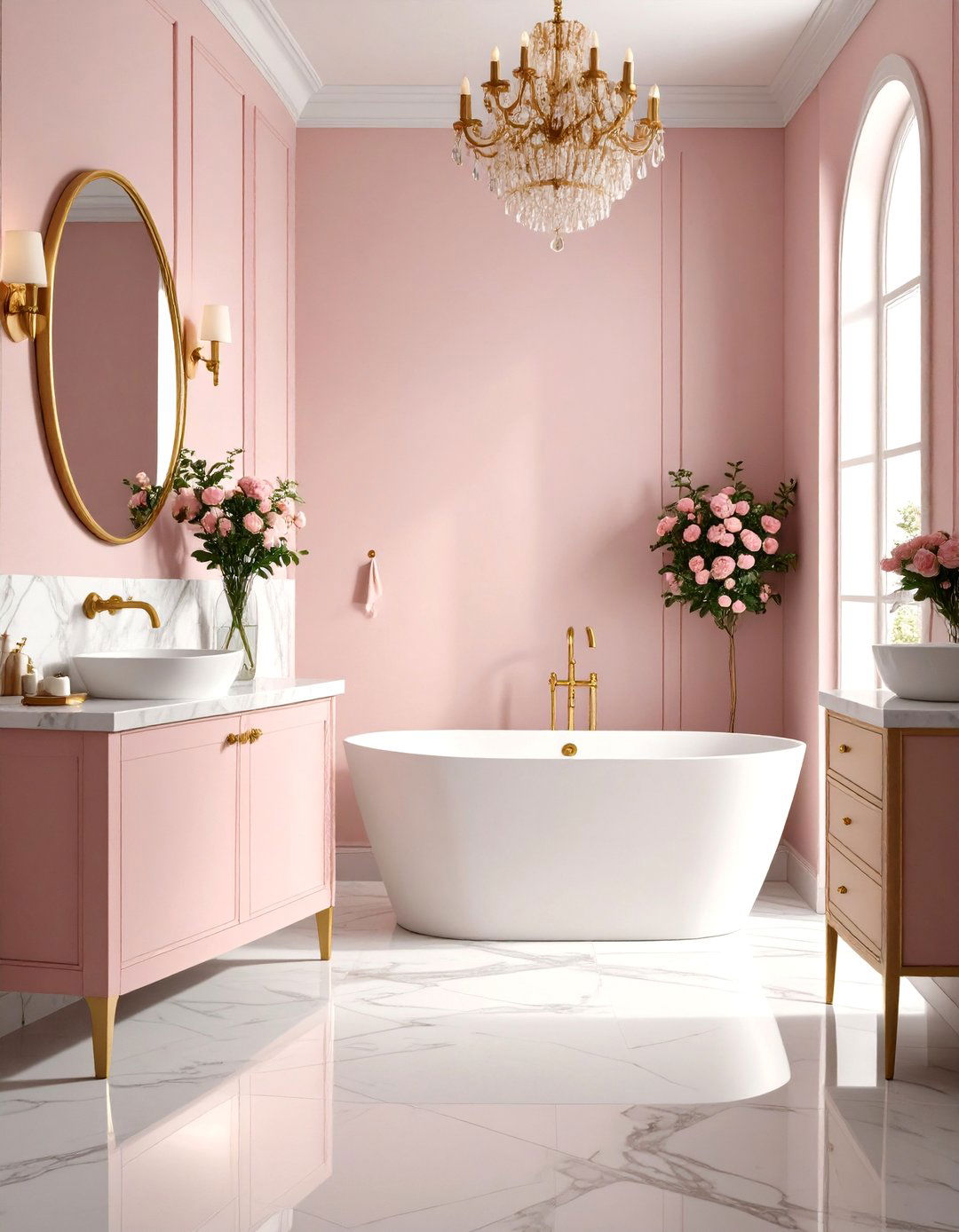 Dusty Rose Bathroom with Brass Elements - 24 Bathroom Color Ideas