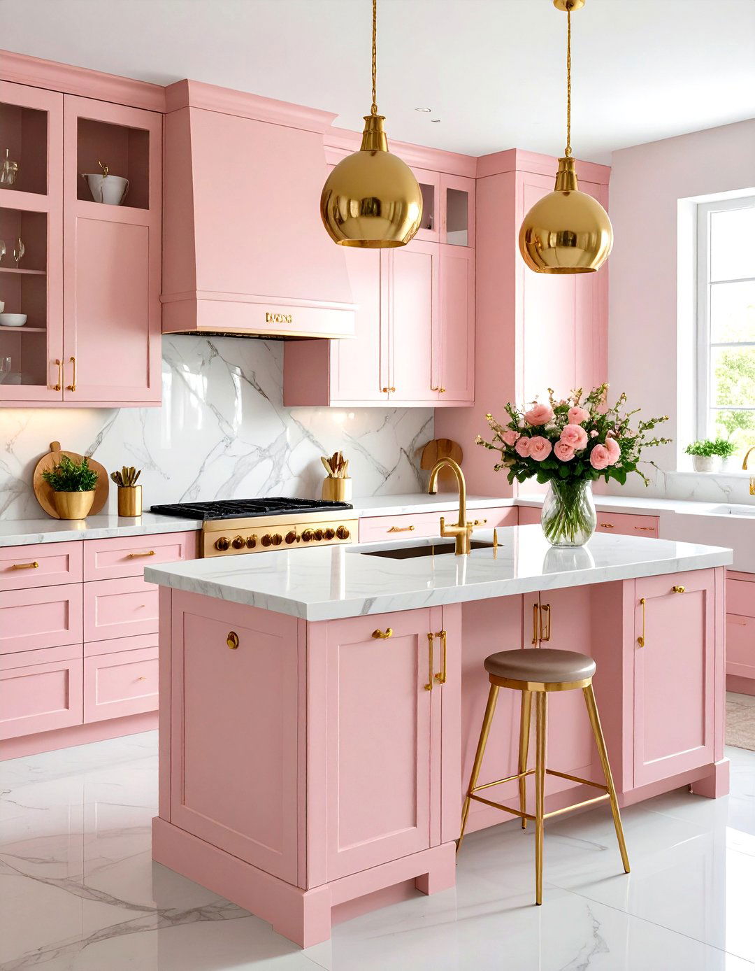 Dusty Rose Kitchen with Gold Hardware - 24 Colorful Kitchen Ideas