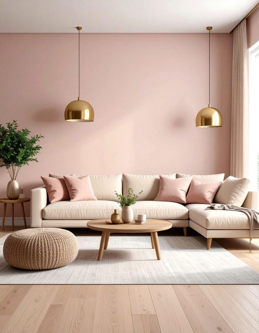 Dusty Rose Living Room with Teal Blue Ottoman and Accents - 24 Pink and Blue Living Room Ideas