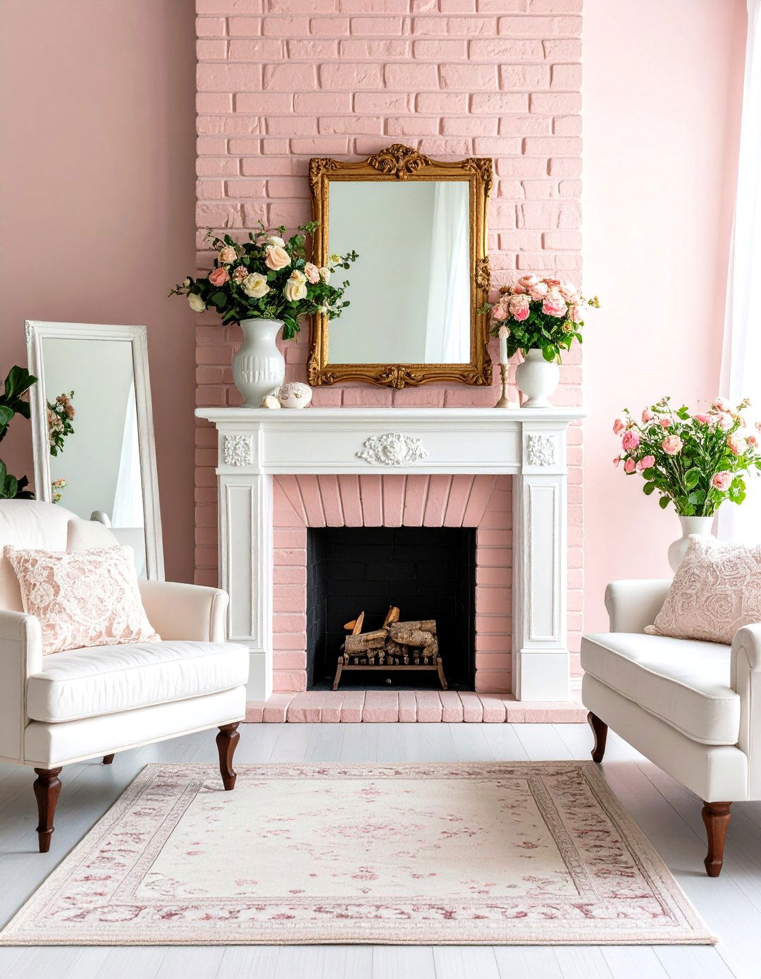 Dusty Rose Painted Brick Fireplace with Shabby Chic - 24 Painted Brick Fireplace Ideas