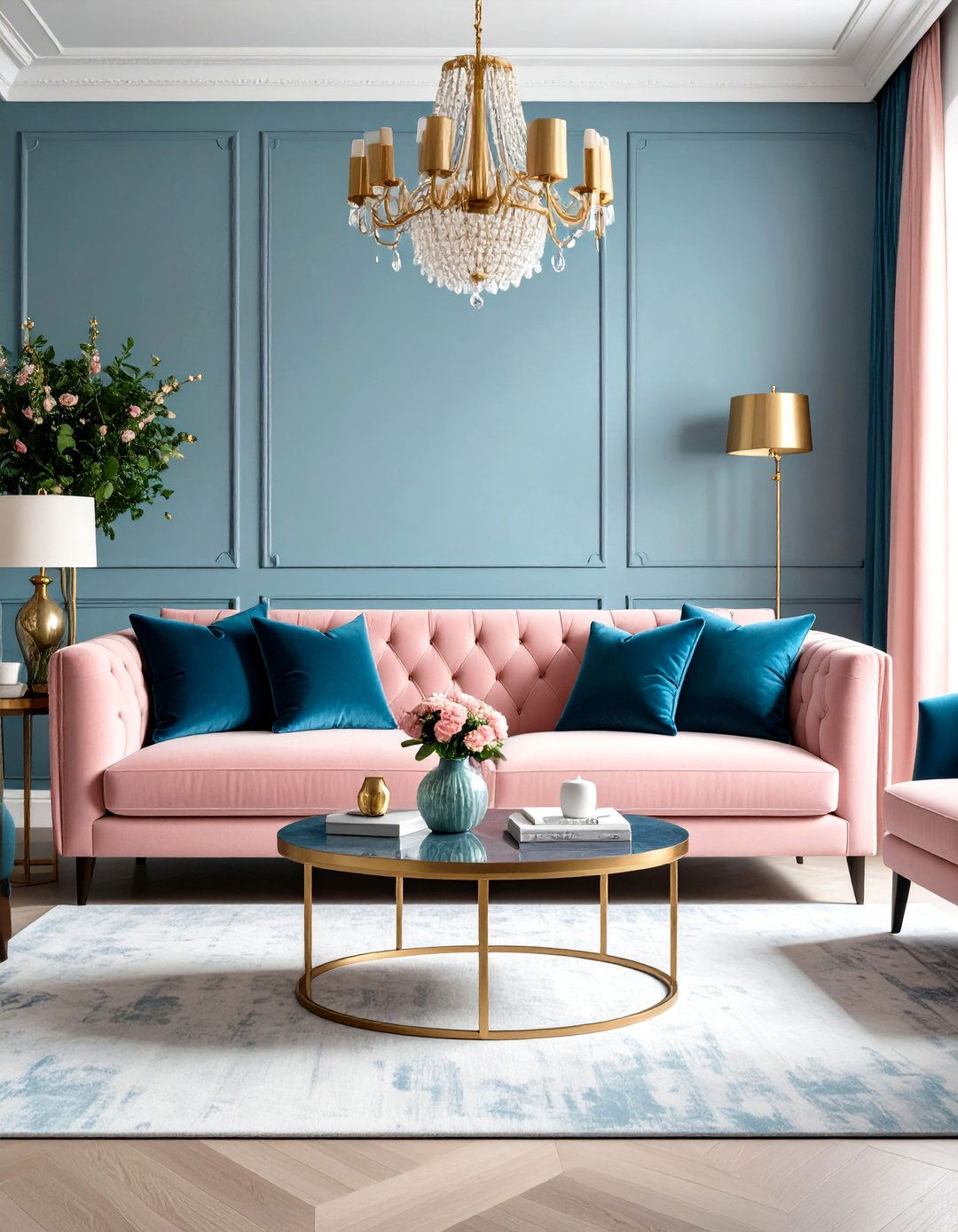 Dusty Rose Pink Couch with Teal Blue Harmony - 24 Pink Couch Living Room Ideas
