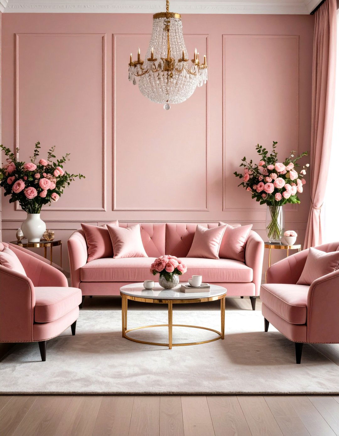 Dusty Rose Romantic Living Room - 24 Monochromatic Living Room Ideas