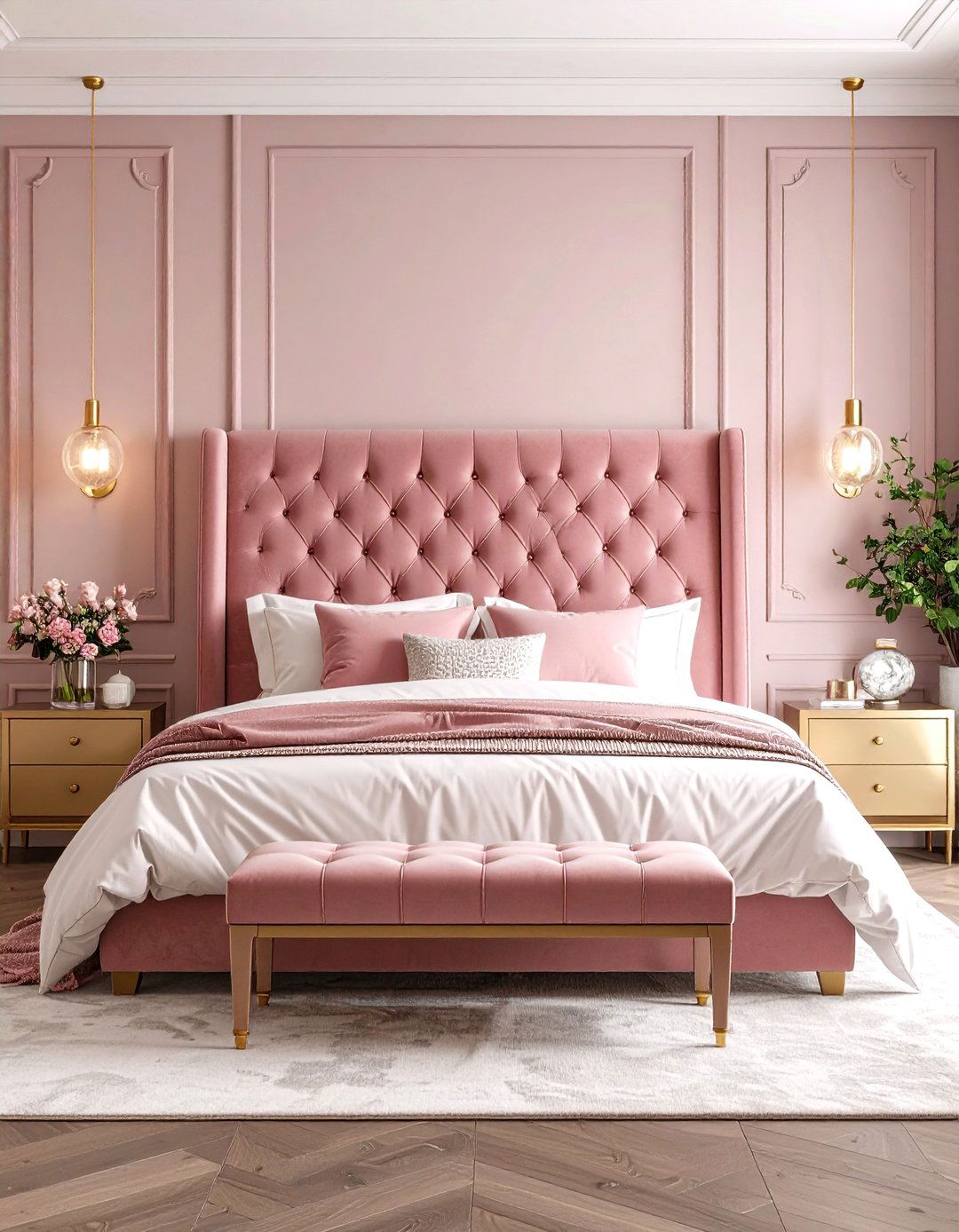 Dusty Rose Upholstered Headboard with Tufted Details - 24 Dusty Rose Bedroom Ideas
