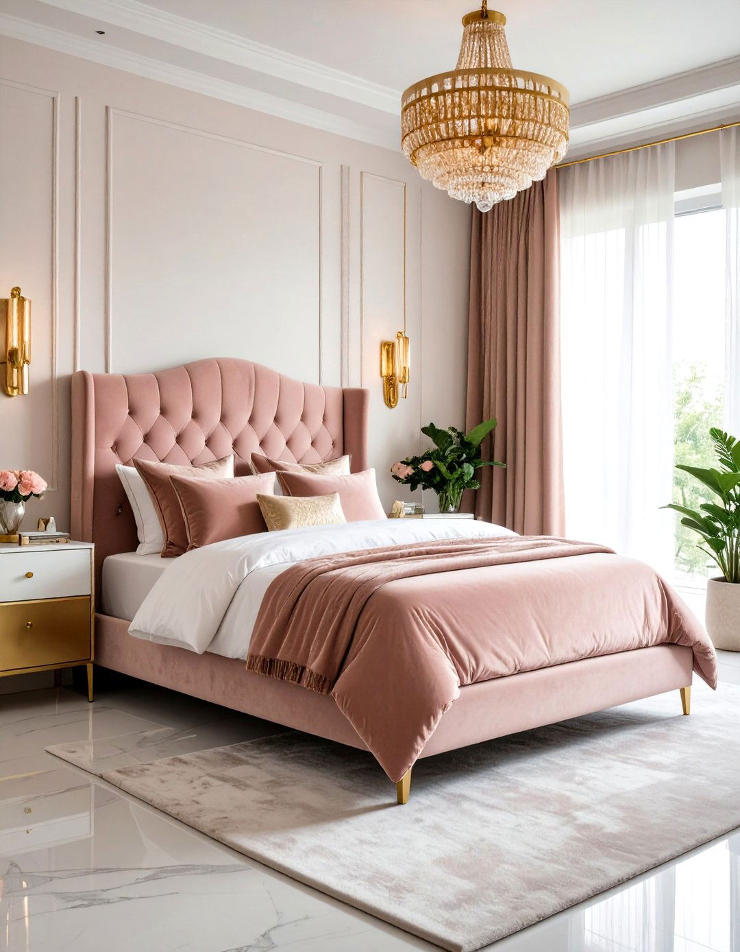 Dusty Rose Velvet Bedding with Brass Accents - 24 Dusty Rose Bedroom Ideas