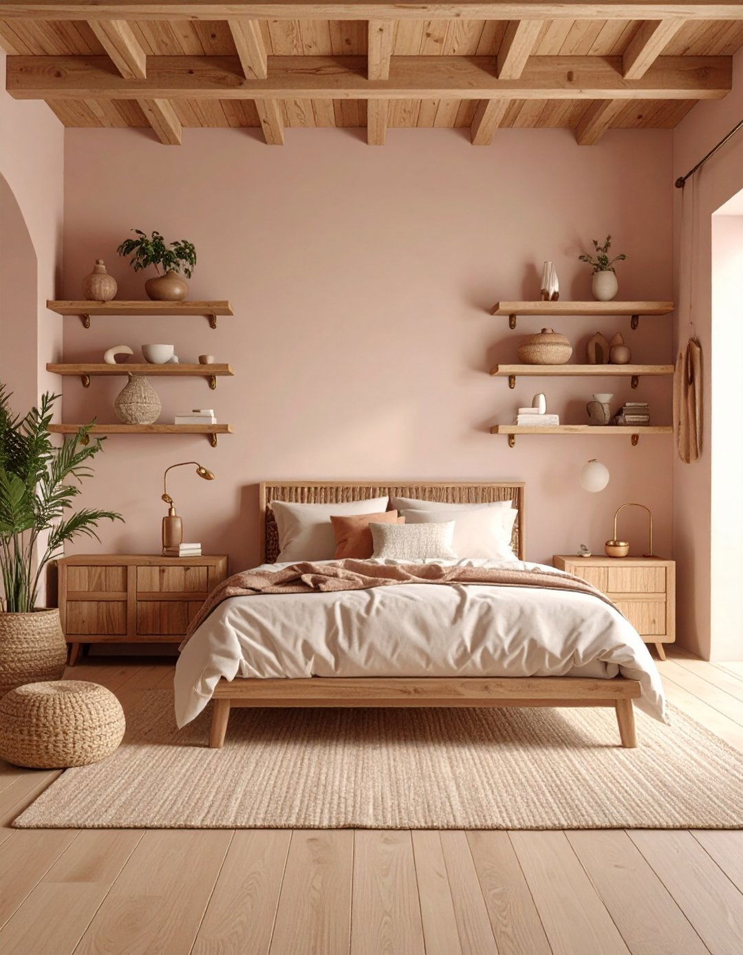 Dusty Rose Wall Paint with Natural Wood Accents - 24 Pink Boho Bedroom Ideas