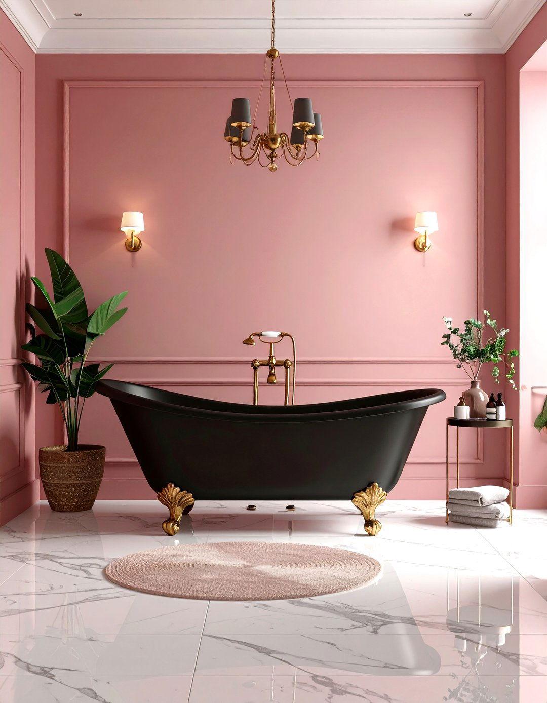 Dusty Rose Walls with Black Clawfoot Bathtub - 24 Pink and Black Bathroom Ideas