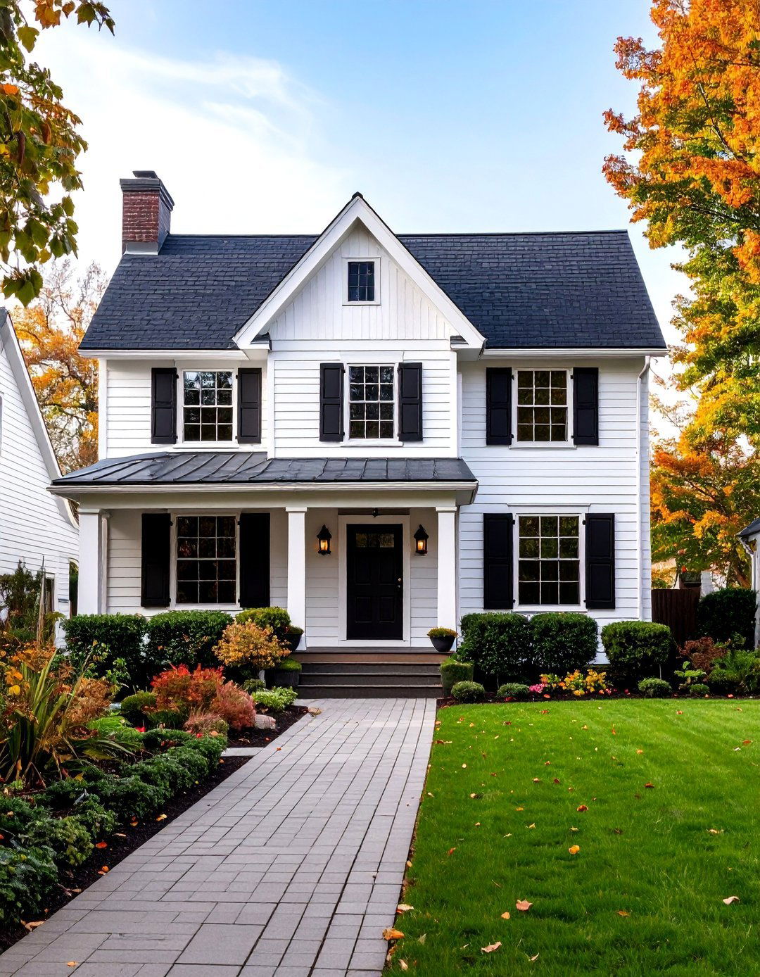 Dutch Colonial White Gambrel Roof with Black Window Details - 24 Black and White House Exterior Ideas