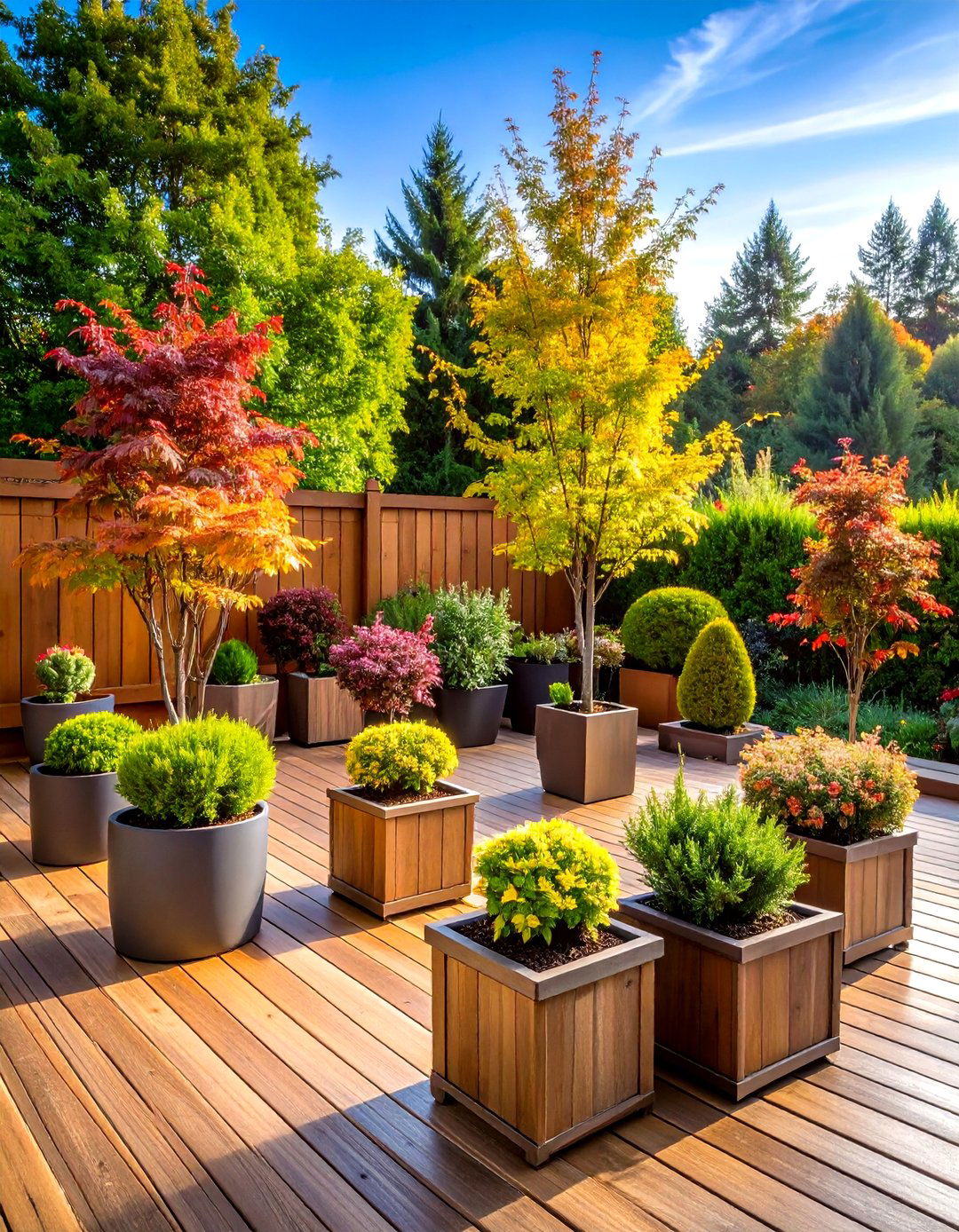 Dwarf Tree Containers for Vertical Impact - 24 Deck Decorating Ideas With Plants