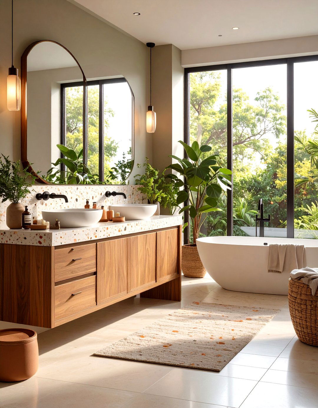 Earth Tone Bathroom with Terrazzo Elements - 24 Japandi Bathroom Ideas