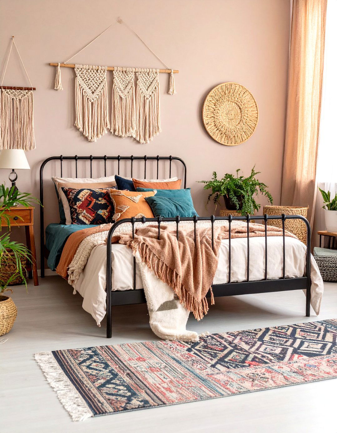 Earthy Brown Bohemian Textiles with Black Iron Furniture - 24 Black and Brown Bedroom Ideas
