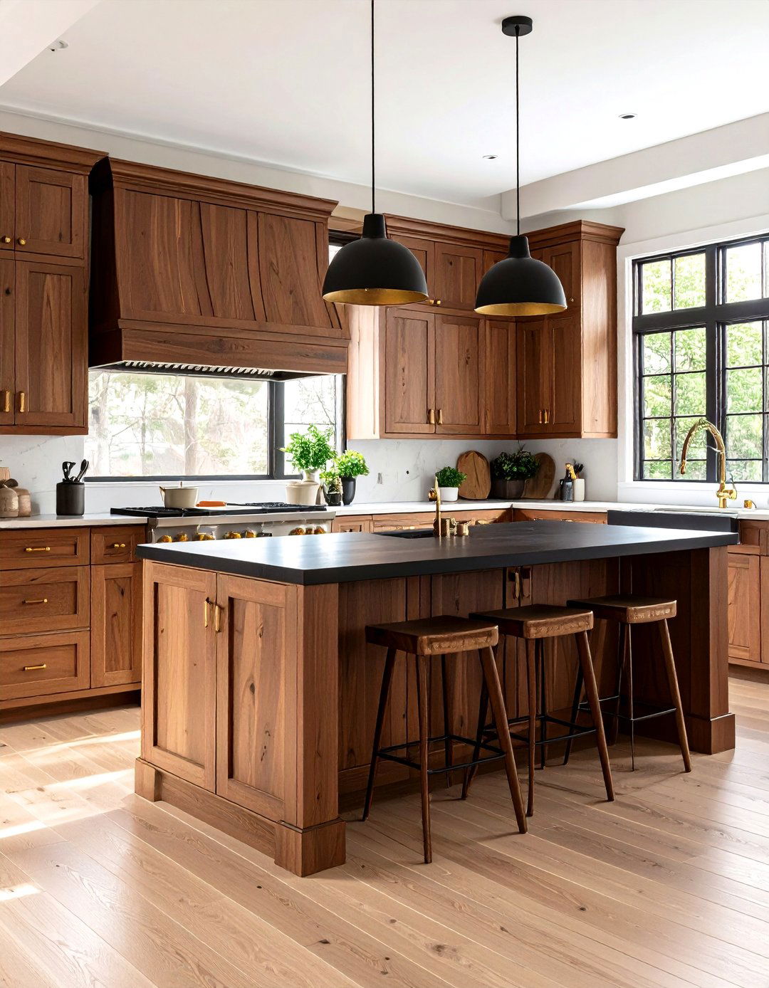 Ebony Stained Wood Island with Brown Perimeter Cabinets - 24 Black and Brown Kitchen Ideas