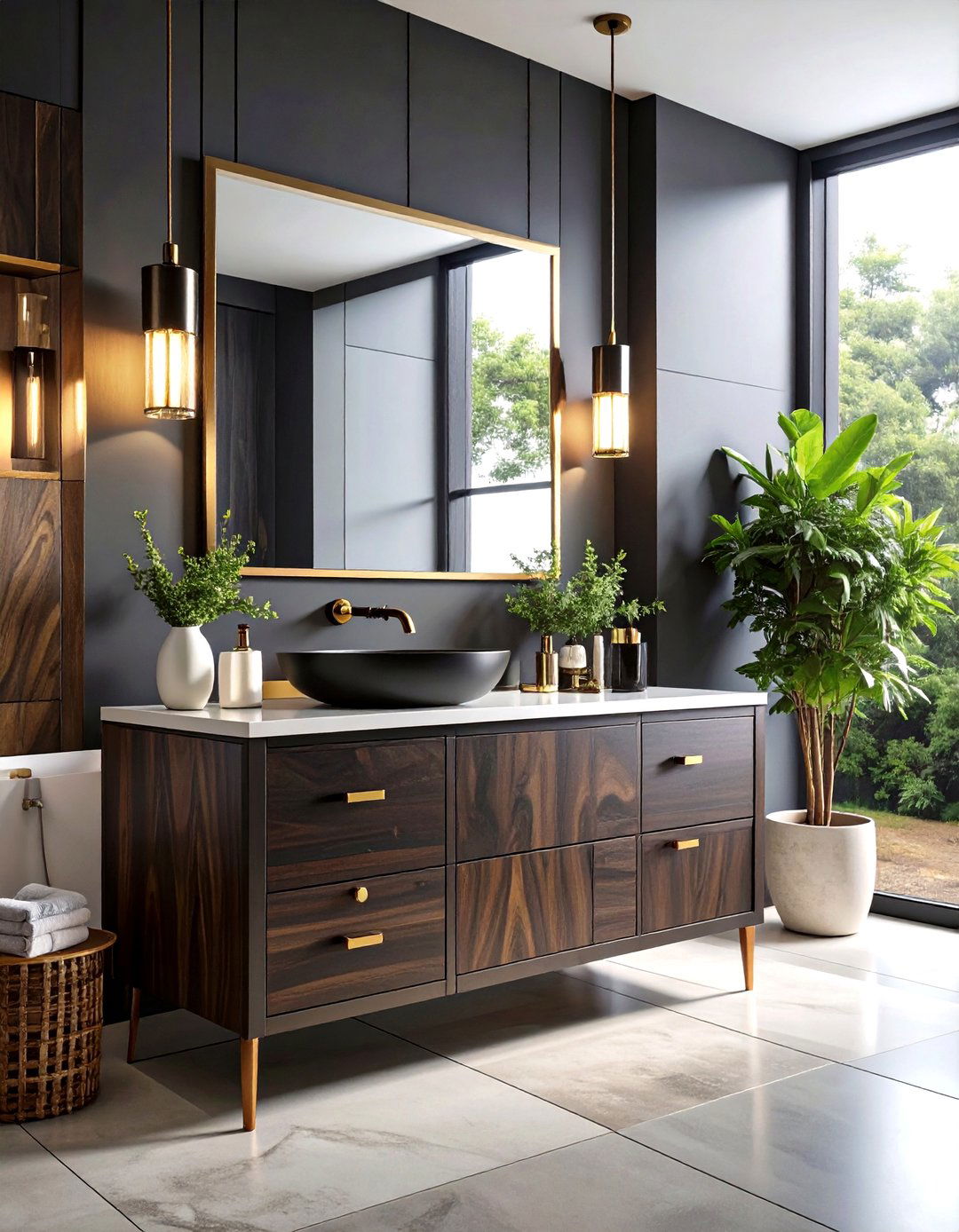 Ebony Wood Vanity with Brass and Black Accents - 24 Black and Wood Bathroom Ideas