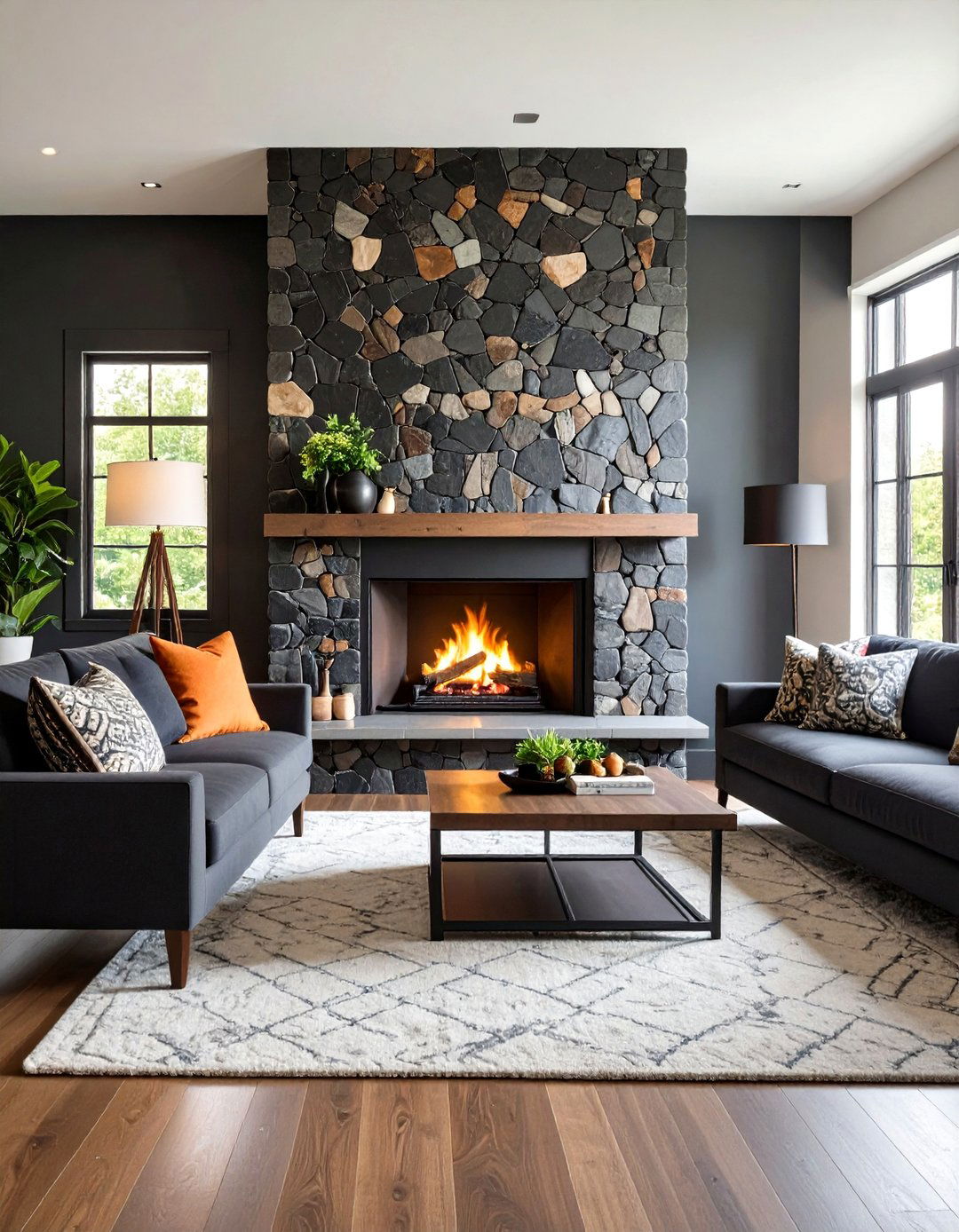 Eclectic Black Mixed Stone Mosaic Fireplace - 24 Black Stone Fireplace Ideas
