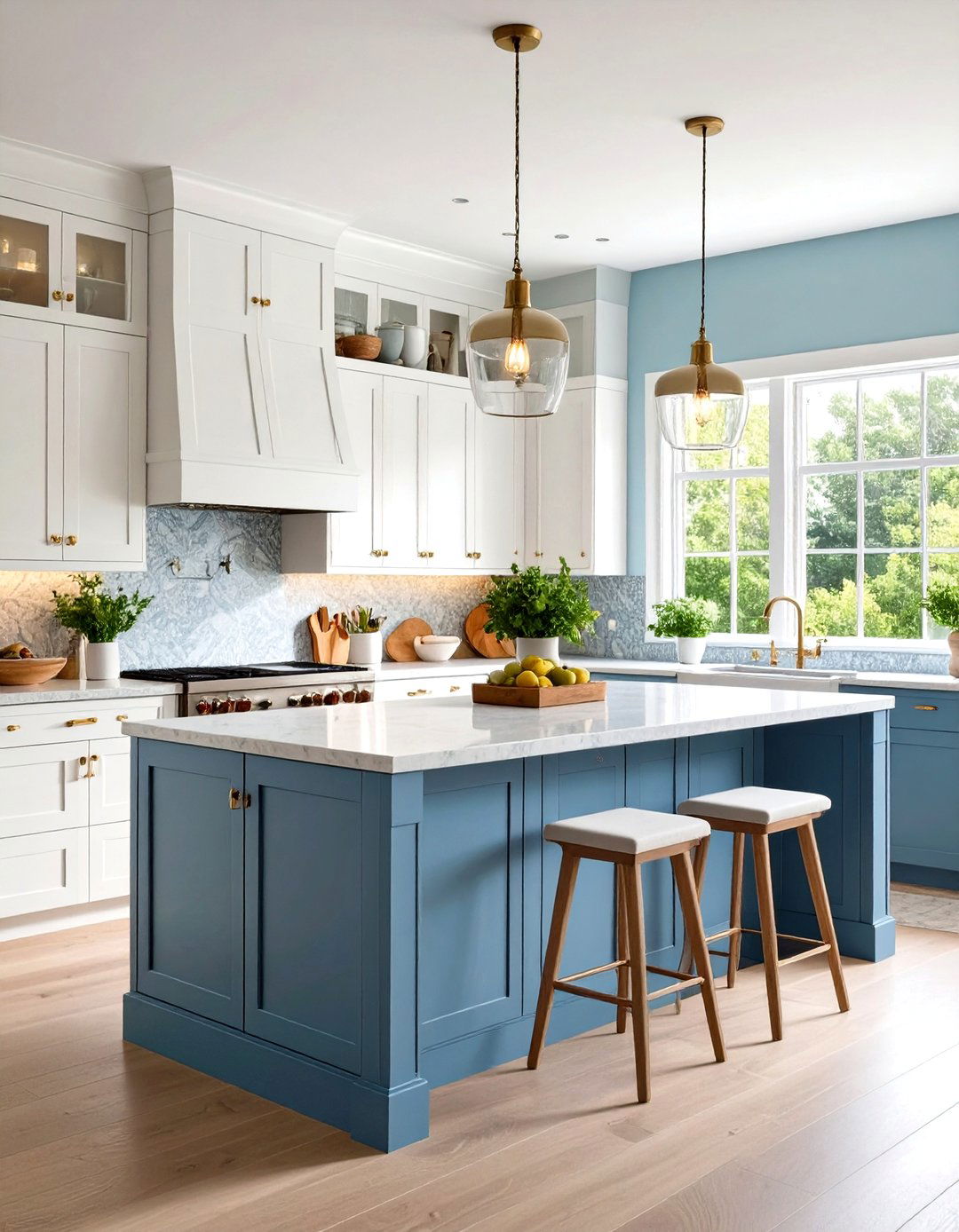 Eclectic Blue Gray Island Kitchen - 24 White Kitchen Cabinets With Blue Island