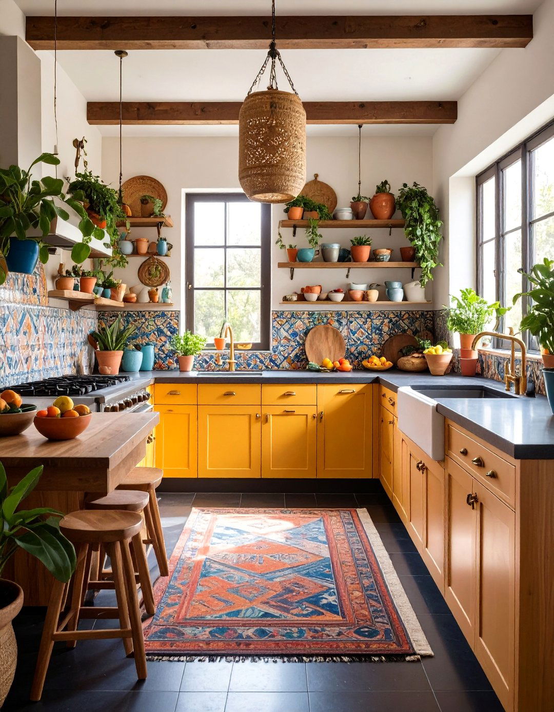 Eclectic Bohemian Kitchen with Black Granite Grounding - 24 Black Granite Countertops Kitchen Ideas