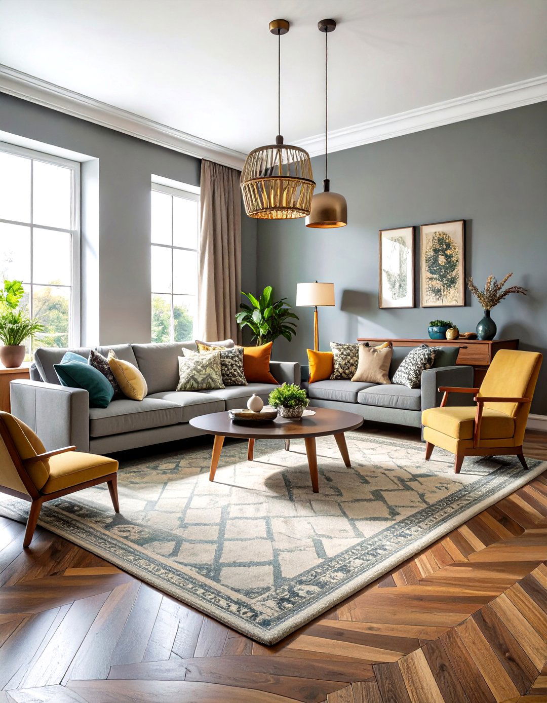 Eclectic Grey Living Room Design - 24 Grey Living Room With Dark Wood Floors