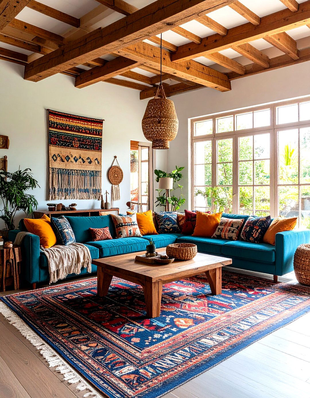 Eclectic Living Room with Painted Colorful Beam Features - 24 Exposed Beam Living Room Ideas