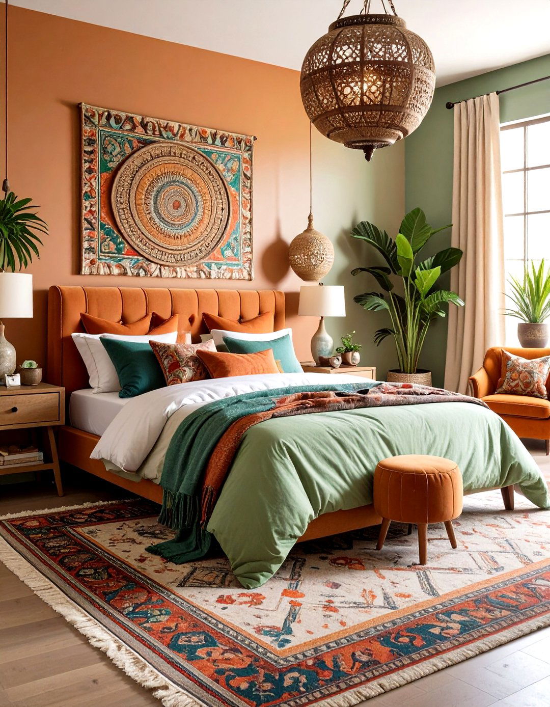 Eclectic Rust Bedroom with Mixed Patterns - 24 Rust Bedroom Ideas