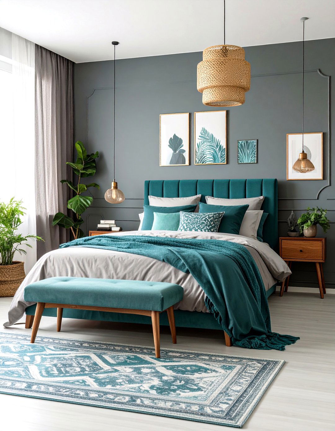 Eclectic Teal and Grey Pattern Mixing - 24 Teal and Grey Bedroom Ideas