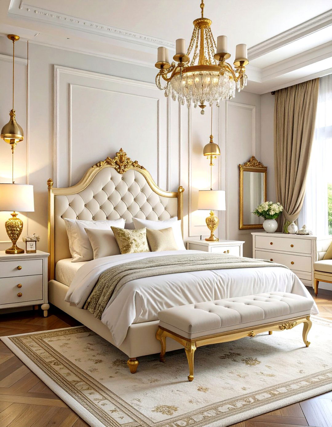 Eclectic White Bedroom with Mixed Gold Textures - 24 White and Gold Bedroom Ideas