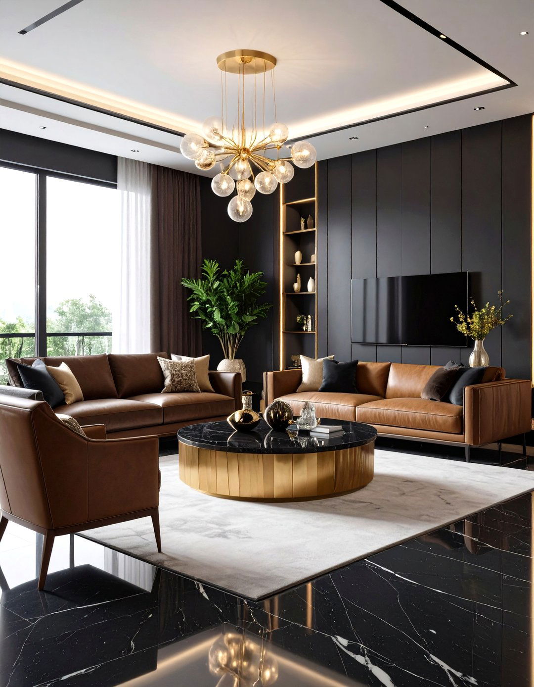 Elegant Black Marble and Walnut Wood Luxury - 24 Black and Brown Living Room Ideas